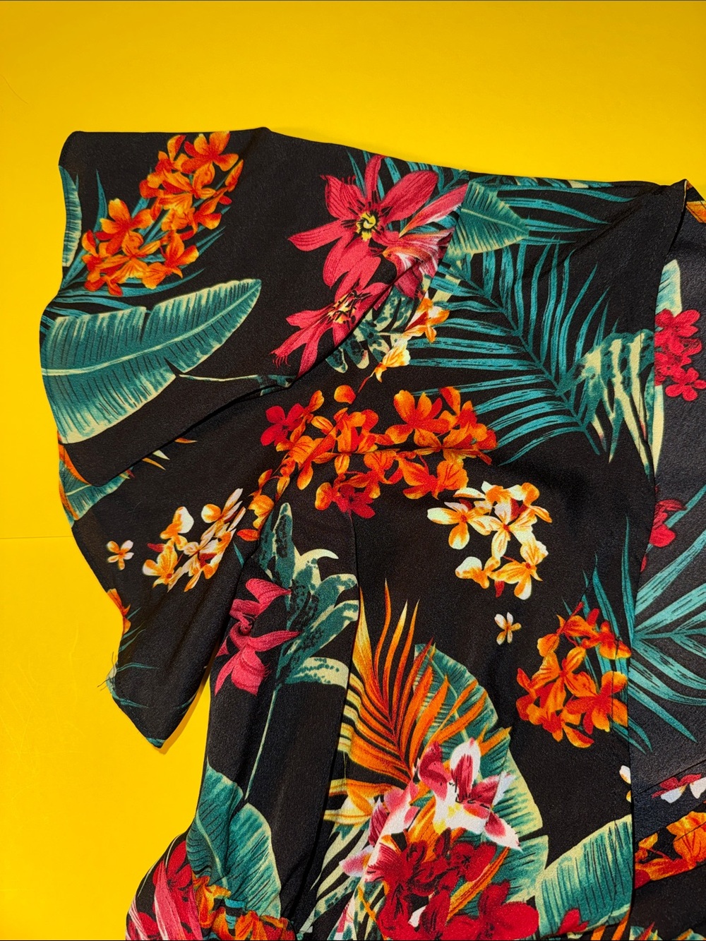 SHEIN Black Floral Midi Dress with Red, Orange & Green Hawaiian Flower Print - Picture 5 of 5